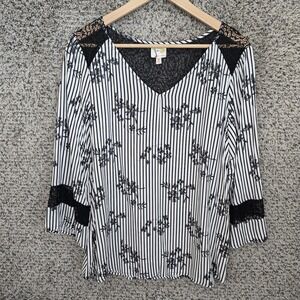 Fig & Flower Top Womens Large Black Striped V Neck Blouse 3/4 Sleeve Casual